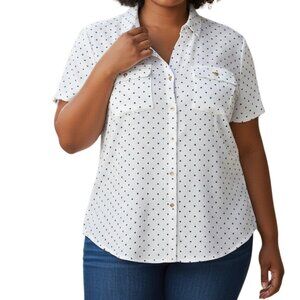 CROFT & BARROW Silver Black Short Sleeve Button Front Polka Dot Blouse - Sz XL